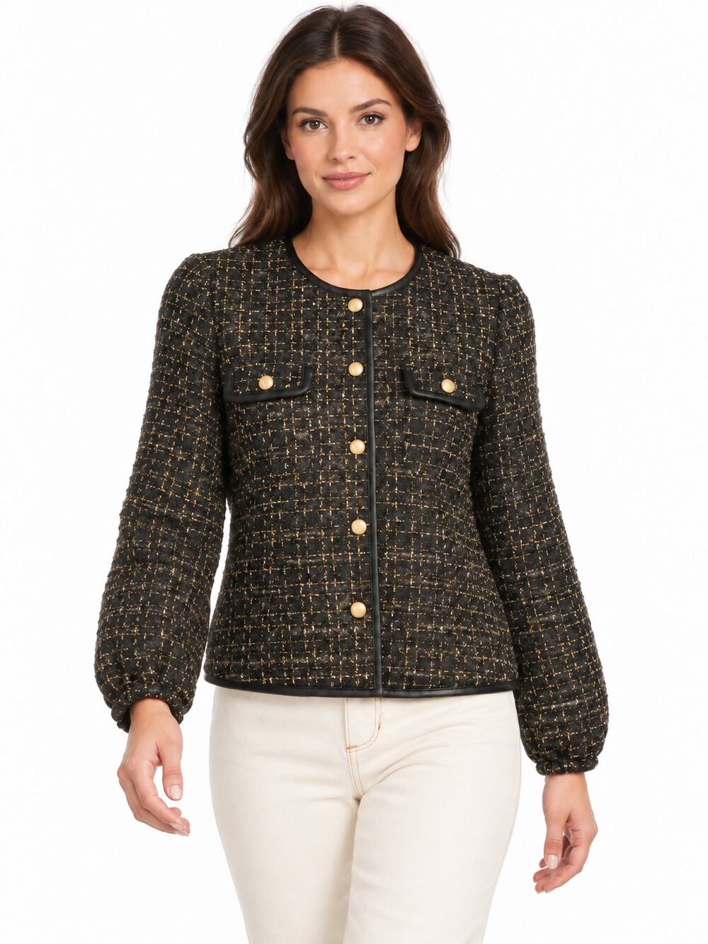 Nanette Lepore Black Gold Tweed Jacket Faux Leather Trim Size 10 NWT.